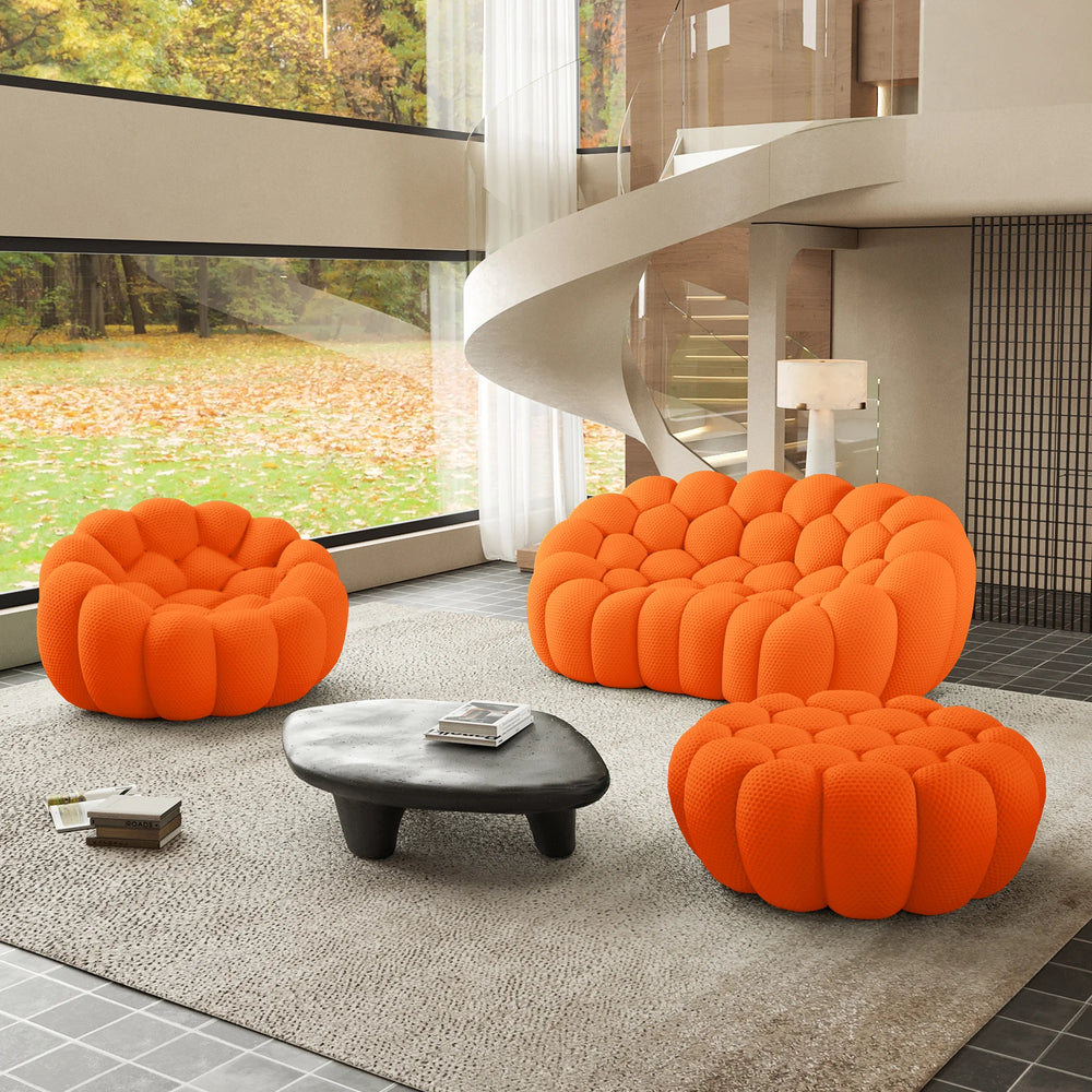 Sofás Essential Arc Boneless | Conjunto de sofás de 3 piezas en tejido de punto 3D naranja, 3 plazas y 1 otomana