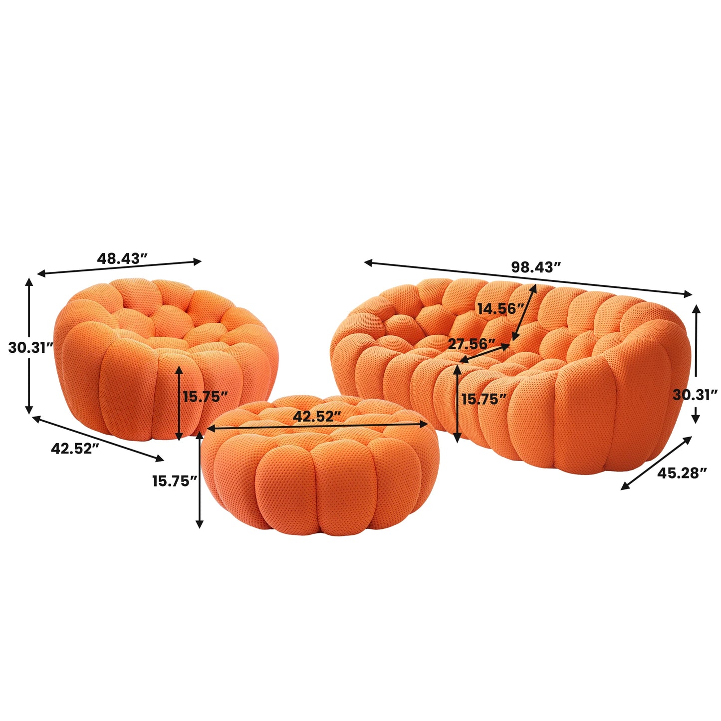 Sofás Essential Arc Boneless | Conjunto de sofás naranjas de 3 piezas con tejido de punto 3D, 4 plazas y 1 otomana