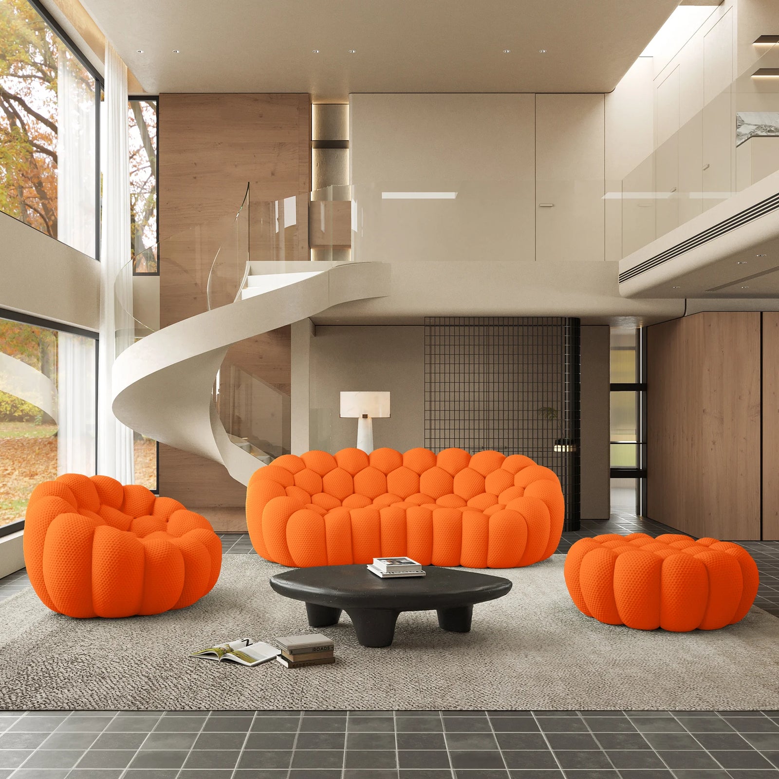 Essential 4-Seater orange 3D-Knitted Fabric Sofa Sets | 3-Piece (includes 1 Ottoman), 3D-Knitted Fabric, Compact Design