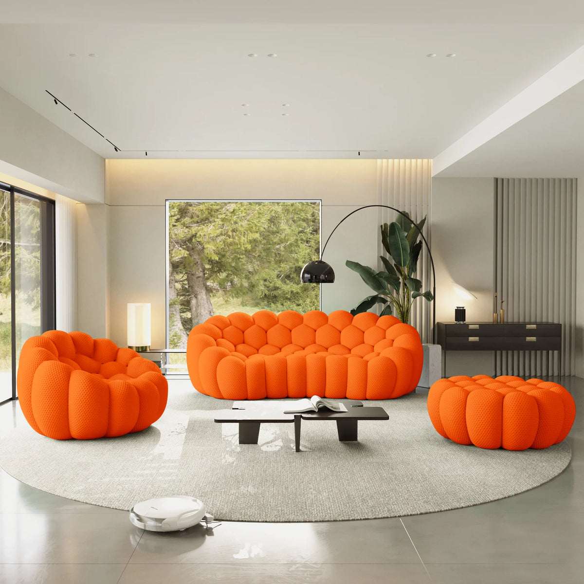 Essential 4-Seater orange 3D-Knitted Fabric Sofa Sets | 3-Piece (includes 1 Ottoman), 3D-Knitted Fabric, Compact Design
