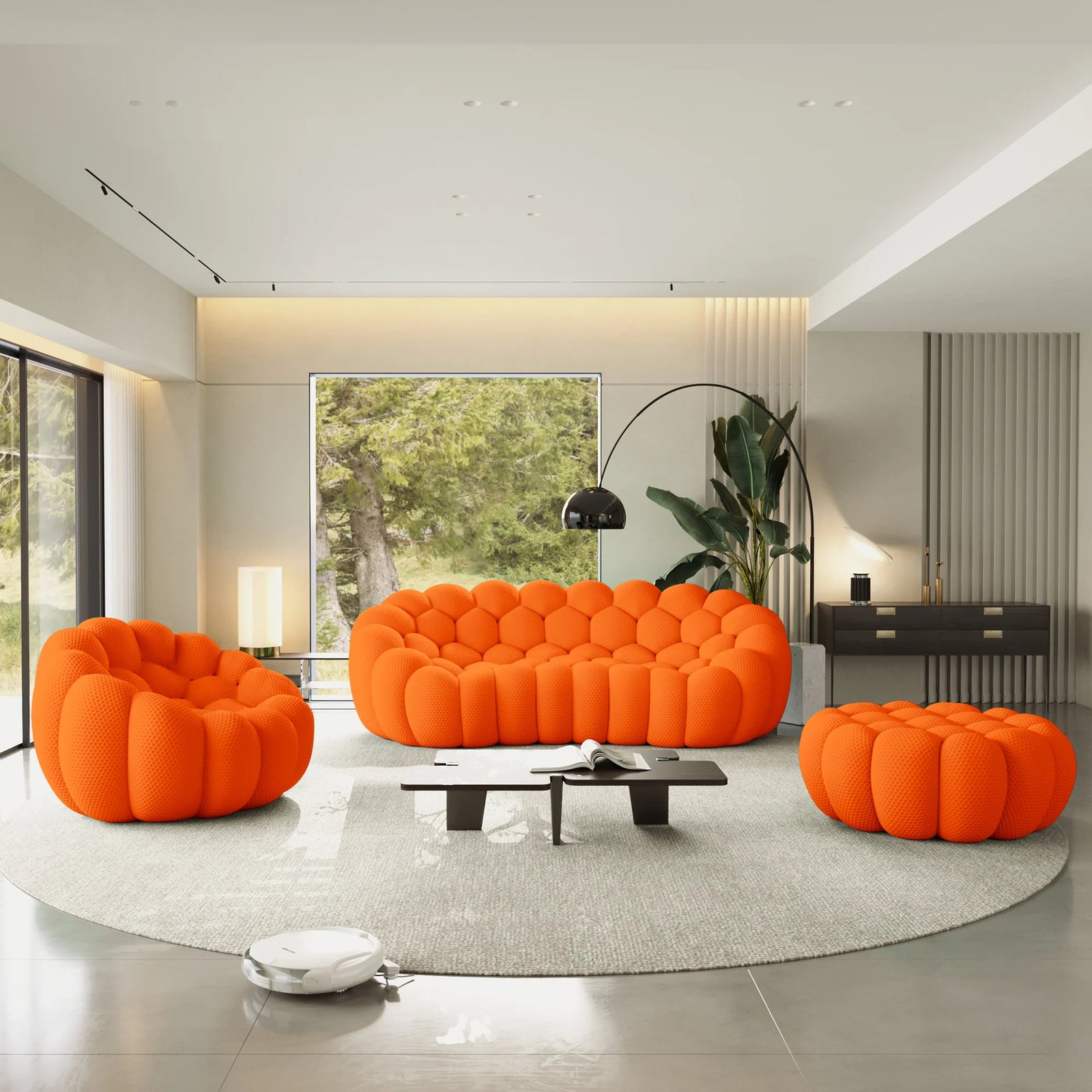 Essential 4-Seater orange 3D-Knitted Fabric Sofa Sets | 3-Piece (includes 1 Ottoman), 3D-Knitted Fabric, Compact Design