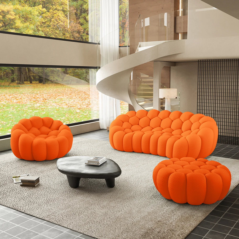 Sofás Essential Arc Boneless | Conjunto de sofás naranjas de 3 piezas con tejido de punto 3D, 4 plazas y 1 otomana