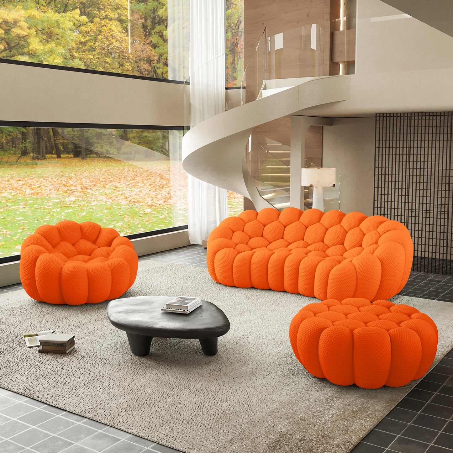 Sofás Essential Arc Boneless | Conjunto de sofás naranjas de 3 piezas con tejido de punto 3D, 4 plazas y 1 otomana