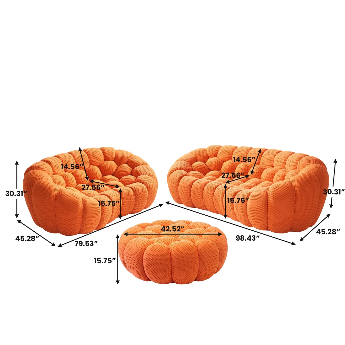 Sofás Essential Arc Boneless | Conjunto de sofás naranjas de 3 piezas con tejido de punto 3D, 5 plazas y 1 otomana