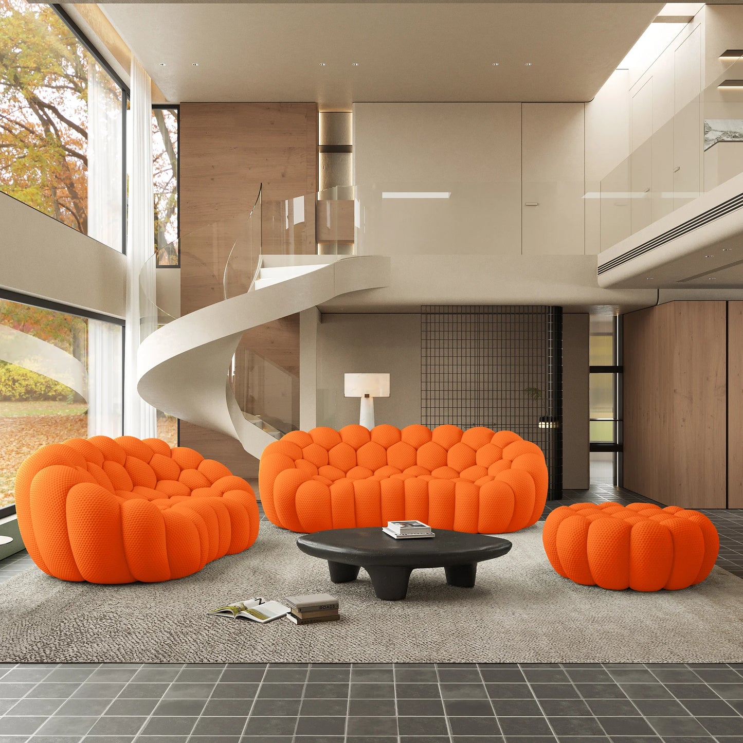 Sofás Essential Arc Boneless | Conjunto de sofás naranjas de 3 piezas con tejido de punto 3D, 5 plazas y 1 otomana