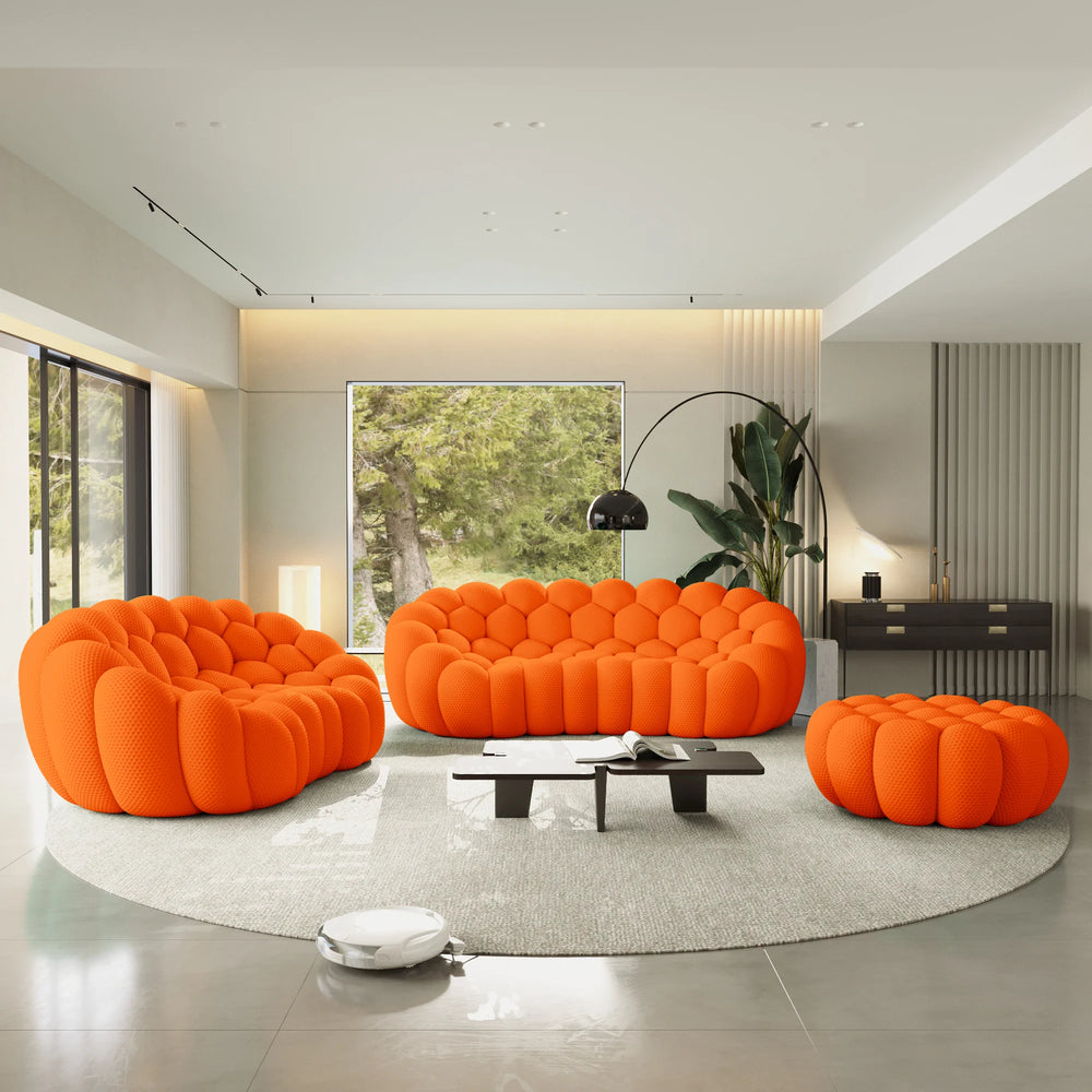 Sofás Essential Arc Boneless | Conjunto de sofás naranjas de 3 piezas con tejido de punto 3D, 5 plazas y 1 otomana