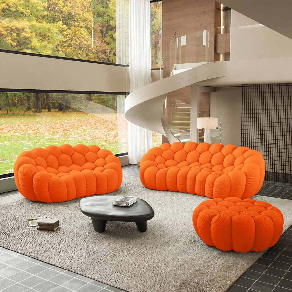 Sofás Essential Arc Boneless | Conjunto de sofás naranjas de 3 piezas con tejido de punto 3D, 5 plazas y 1 otomana