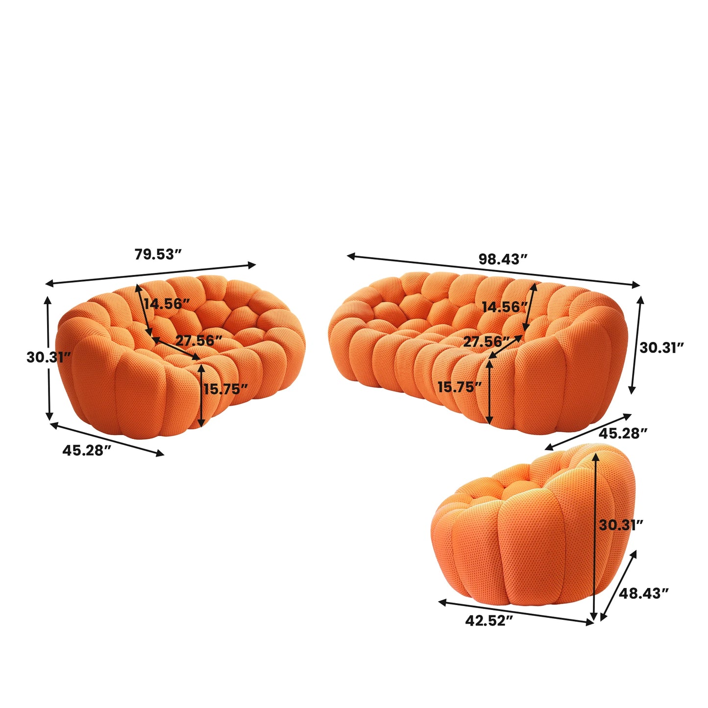 Sofás Essential Arc Boneless | Conjunto de sofás de 3 piezas de tejido de punto 3D naranja de 6 plazas