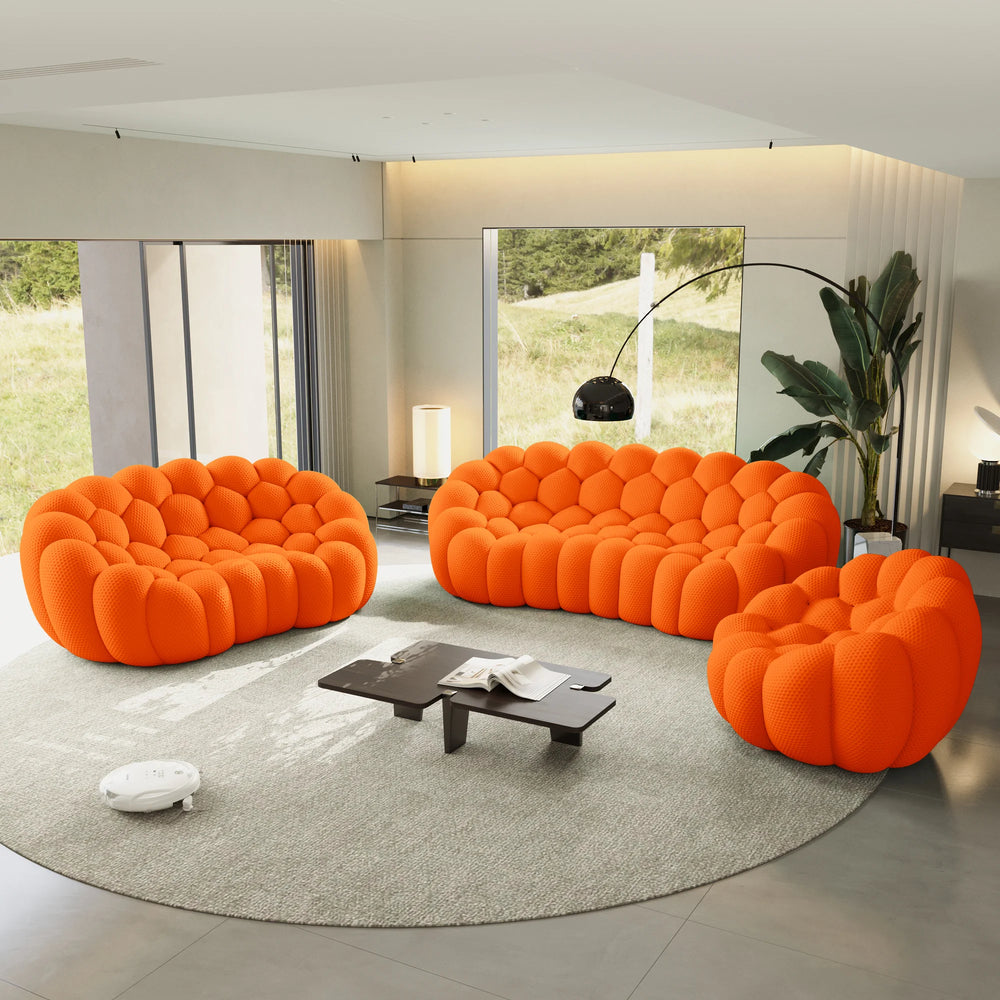 Sofás Essential Arc Boneless | Conjunto de sofás de 3 piezas de tejido de punto 3D naranja de 6 plazas