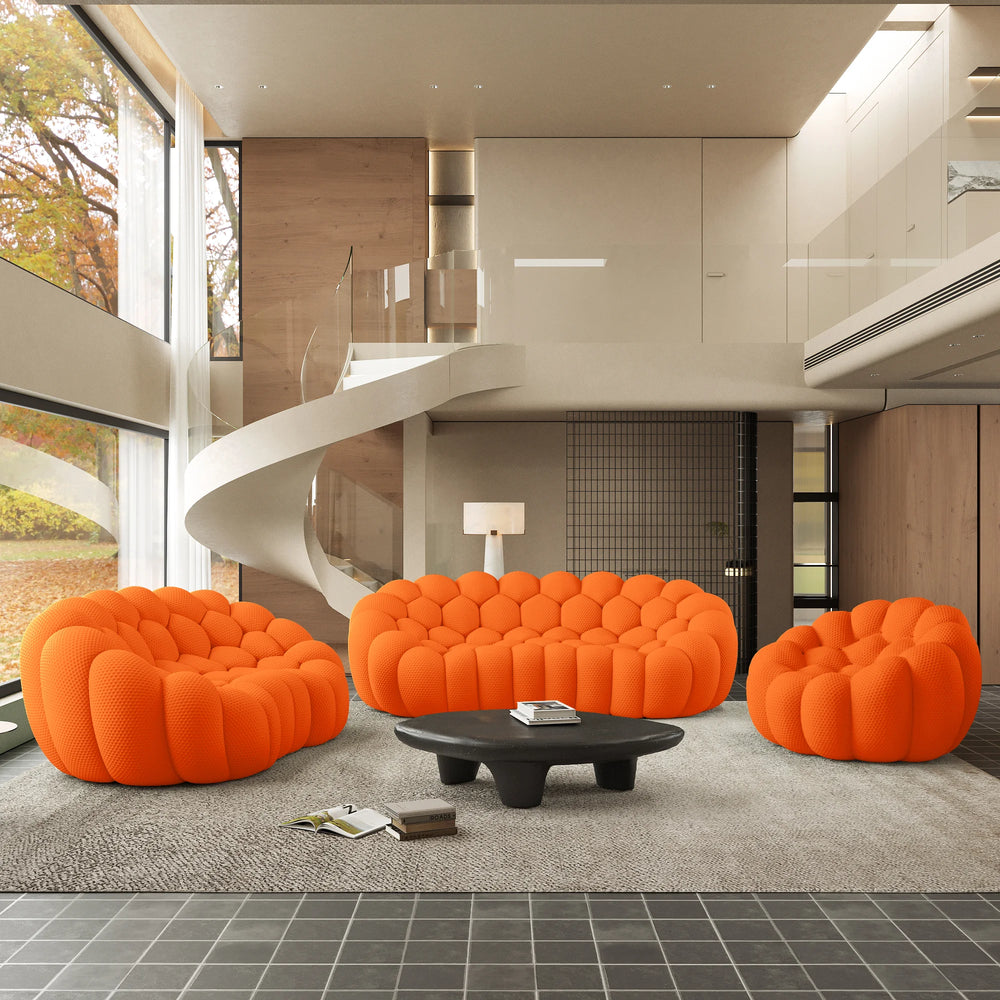 Sofás Essential Arc Boneless | Conjunto de sofás de 3 piezas de tejido de punto 3D naranja de 6 plazas