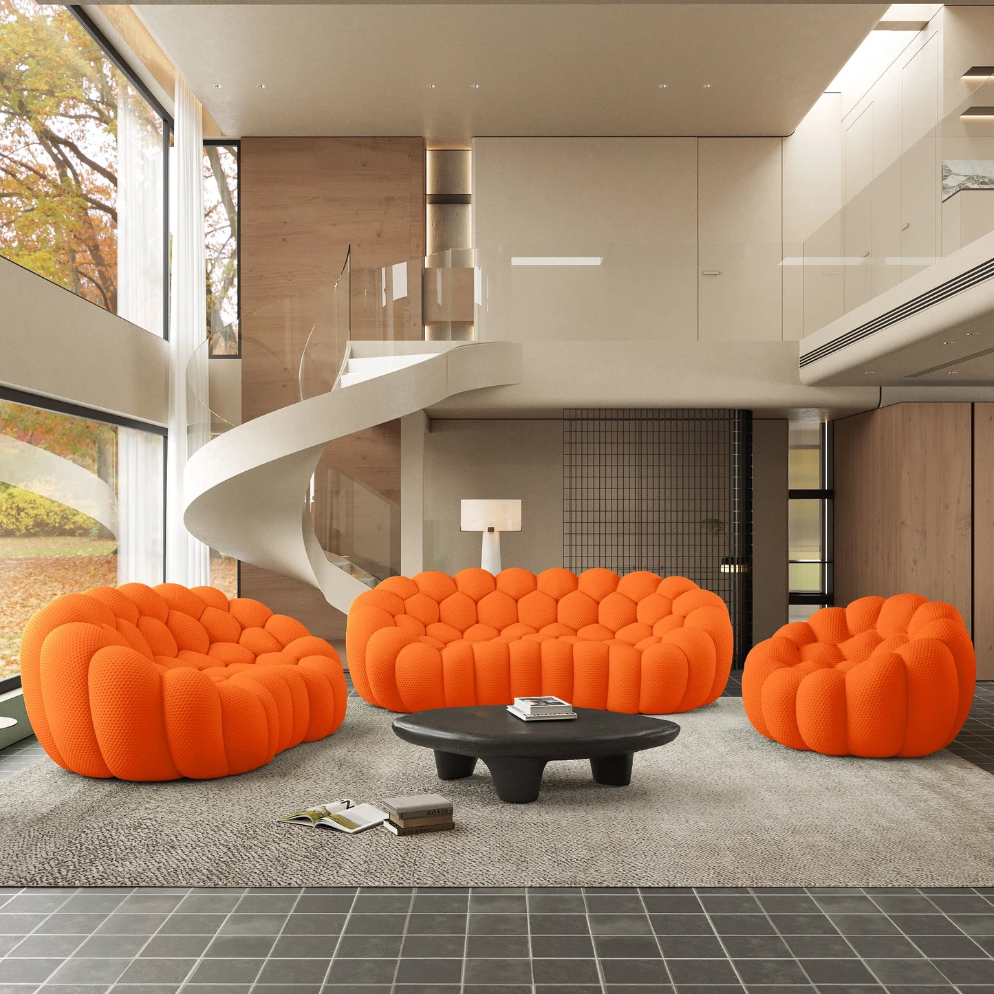 Sofás Essential Arc Boneless | Conjunto de sofás de 3 piezas de tejido de punto 3D naranja de 6 plazas