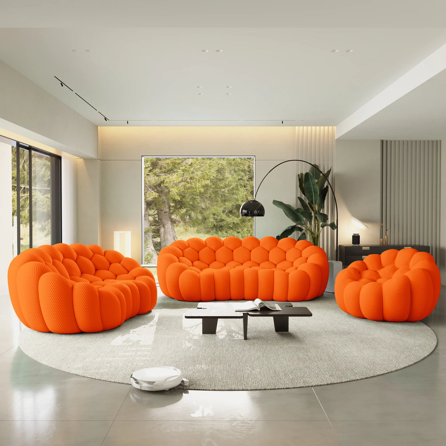 Sofás Essential Arc Boneless | Conjunto de sofás de 3 piezas de tejido de punto 3D naranja de 6 plazas