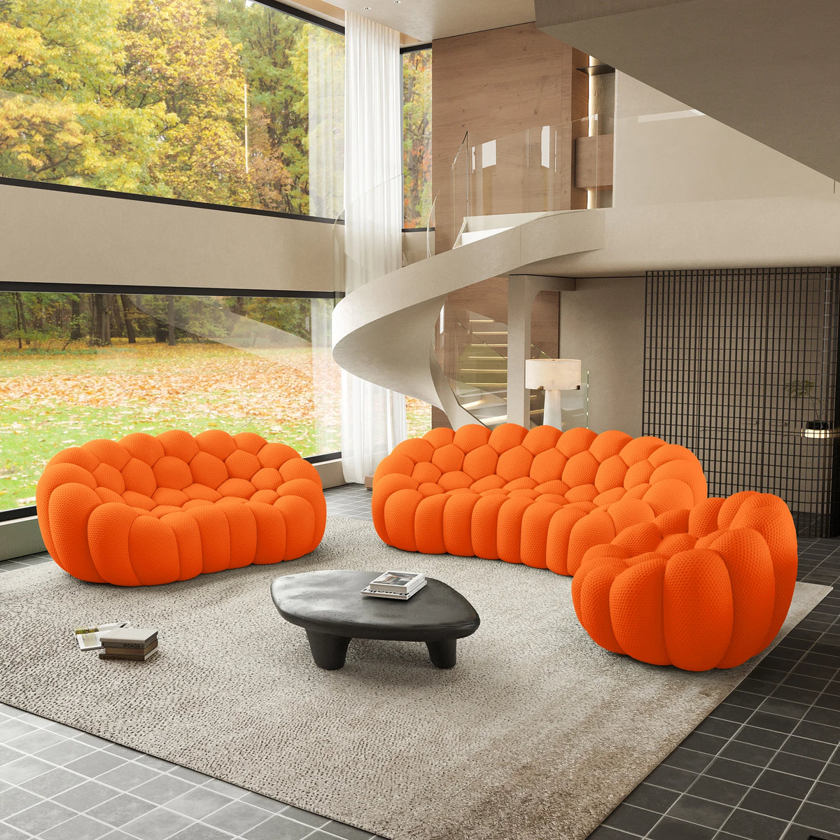 Essential 6-Seater orange 3D-Knitted Fabric Sofa Sets | 3-Piece, 3D-Knitted Fabric, Apartment Friendly