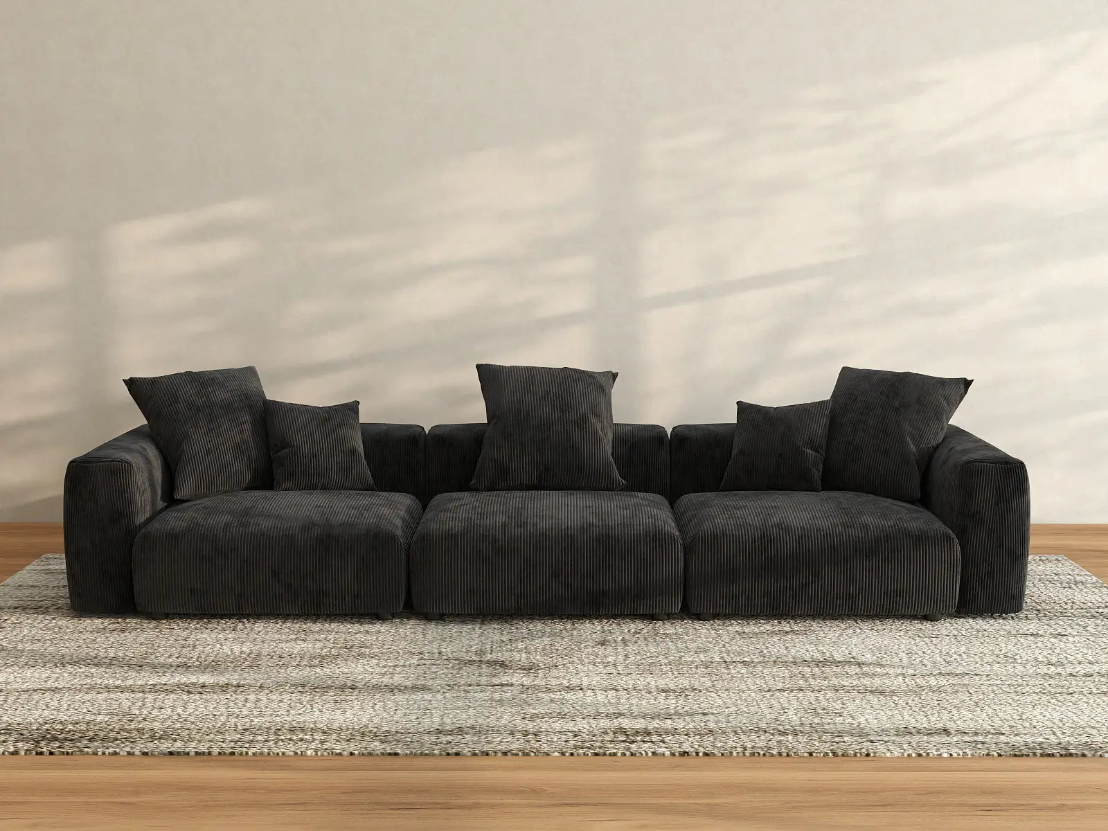 Sofá seccional Matrix de 3 plazas, negro, lavable | 3 piezas, tela de pana, diseño modular