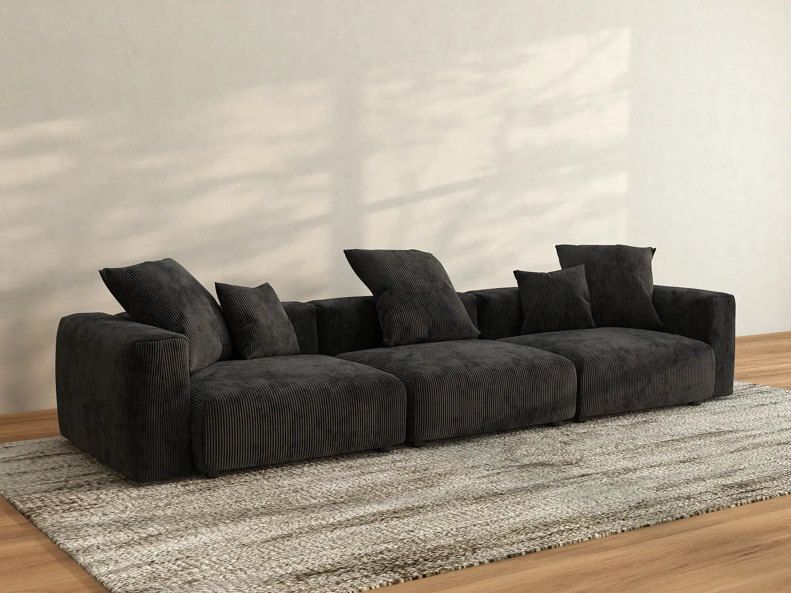 Sofá seccional Matrix de 3 plazas, negro, lavable | 3 piezas, tela de pana, diseño modular