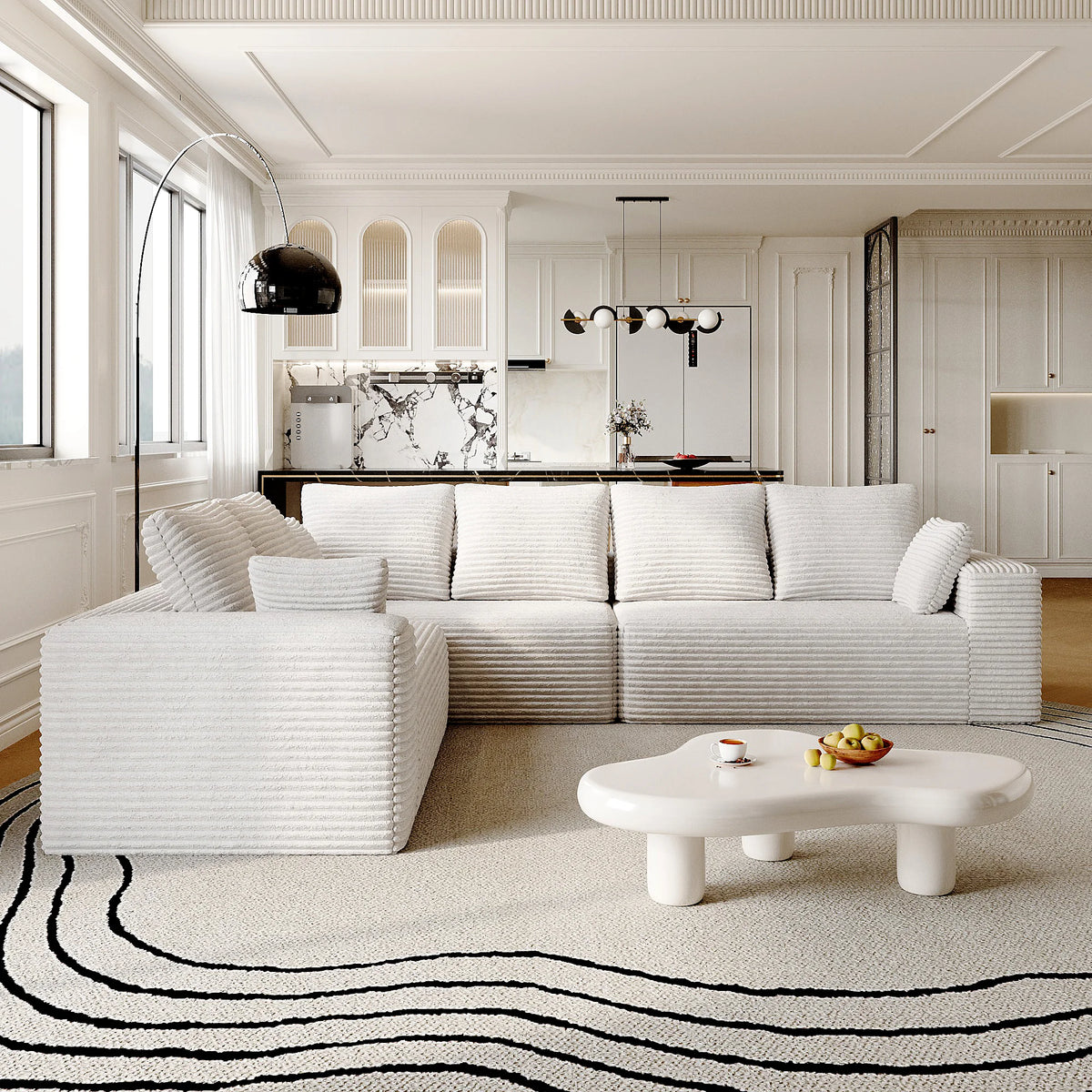 Sofás modulares seccionales Matrix de 6 plazas en forma de L de color beige | 3 piezas, tela de pana, apto para apartamentos