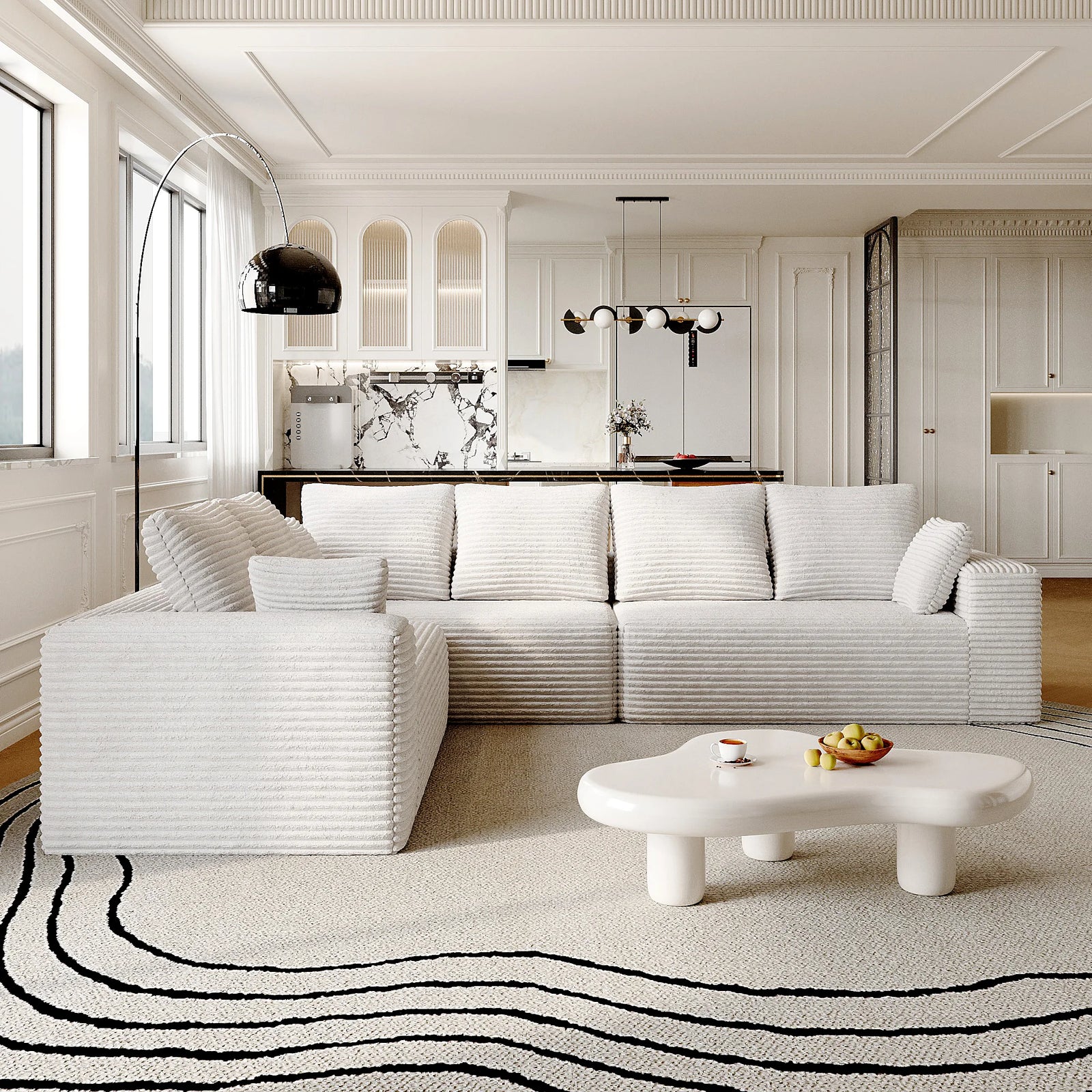 Sofás modulares seccionales Matrix de 6 plazas en forma de L de color beige | 3 piezas, tela de pana, apto para apartamentos