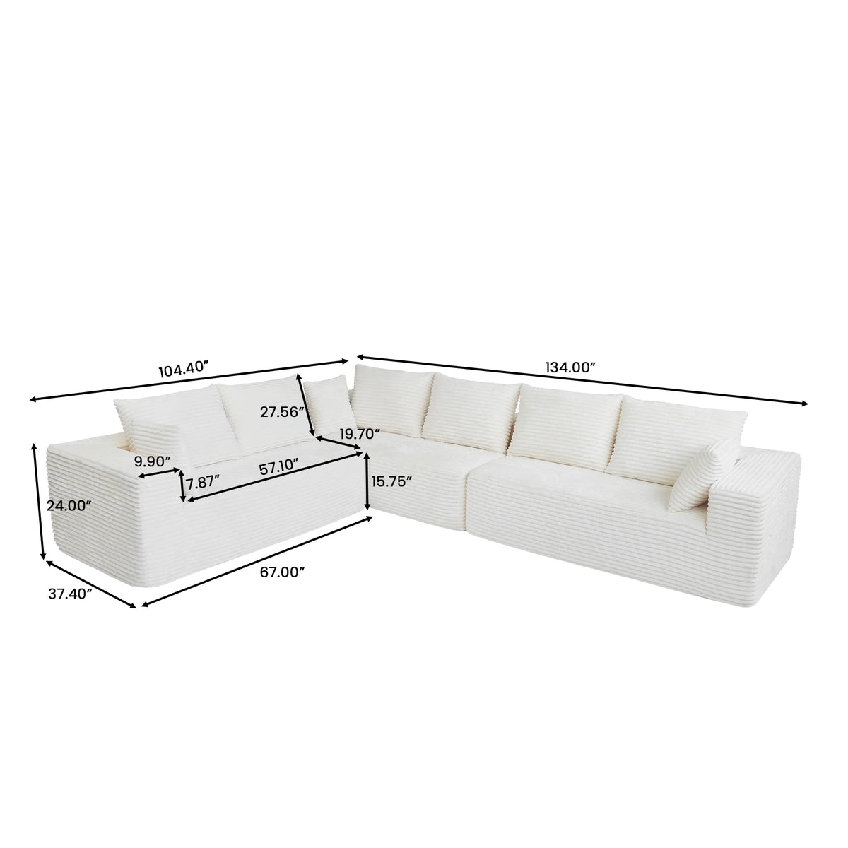 Sofás modulares seccionales Matrix de 6 plazas en forma de L de color beige | 3 piezas, tela de pana, apto para apartamentos