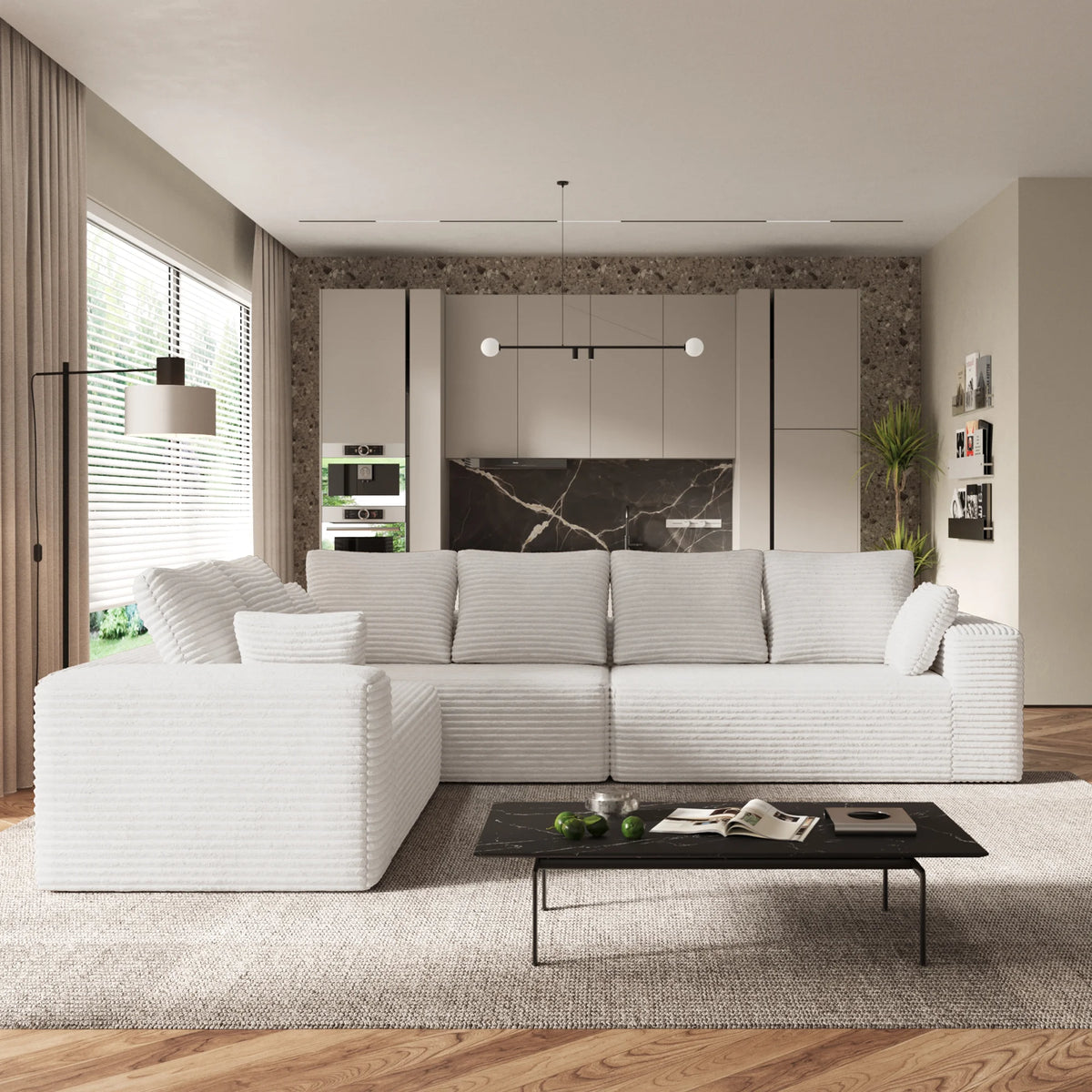 Sofás modulares seccionales Matrix de 6 plazas en forma de L de color beige | 3 piezas, tela de pana, apto para apartamentos