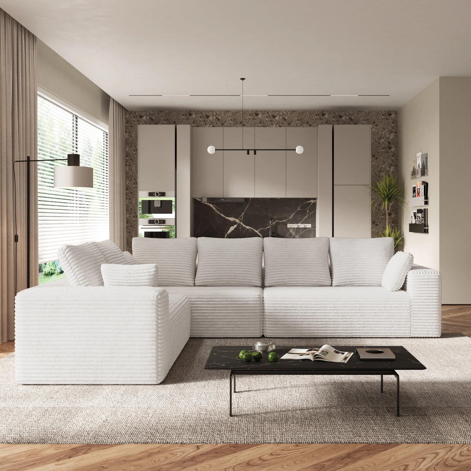 Sofás modulares seccionales Matrix de 6 plazas en forma de L de color beige | 3 piezas, tela de pana, apto para apartamentos