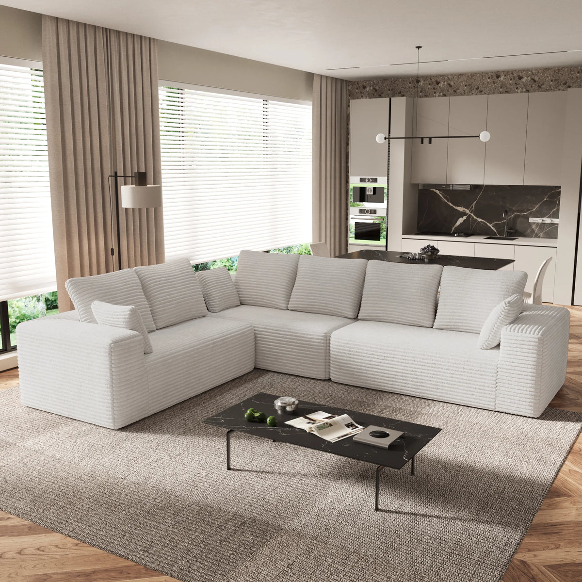 Sofás modulares seccionales Matrix de 6 plazas en forma de L de color beige | 3 piezas, tela de pana, apto para apartamentos