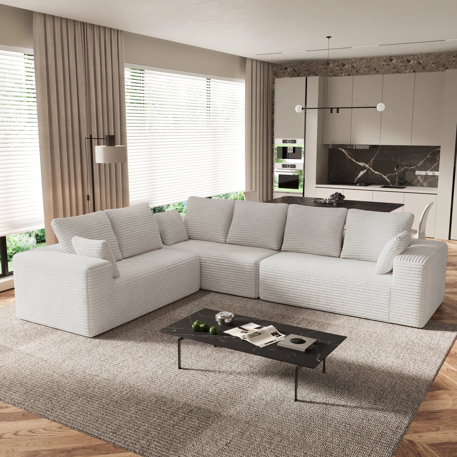 Sofás modulares seccionales Matrix de 6 plazas en forma de L de color beige | 3 piezas, tela de pana, apto para apartamentos