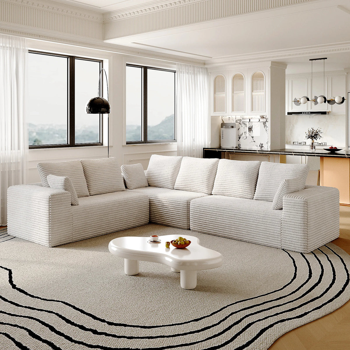 Sofás modulares seccionales Matrix de 6 plazas en forma de L de color beige | 3 piezas, tela de pana, apto para apartamentos
