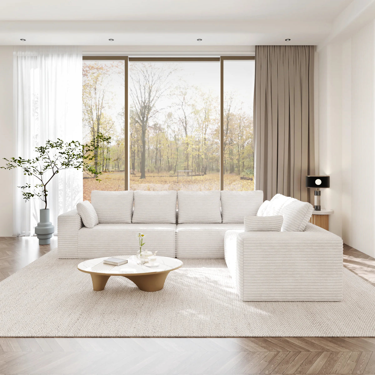 Seccionales modulares Matrix de 6 asientos en forma de L color beige | 3 piezas, tela de pana, diseño compacto