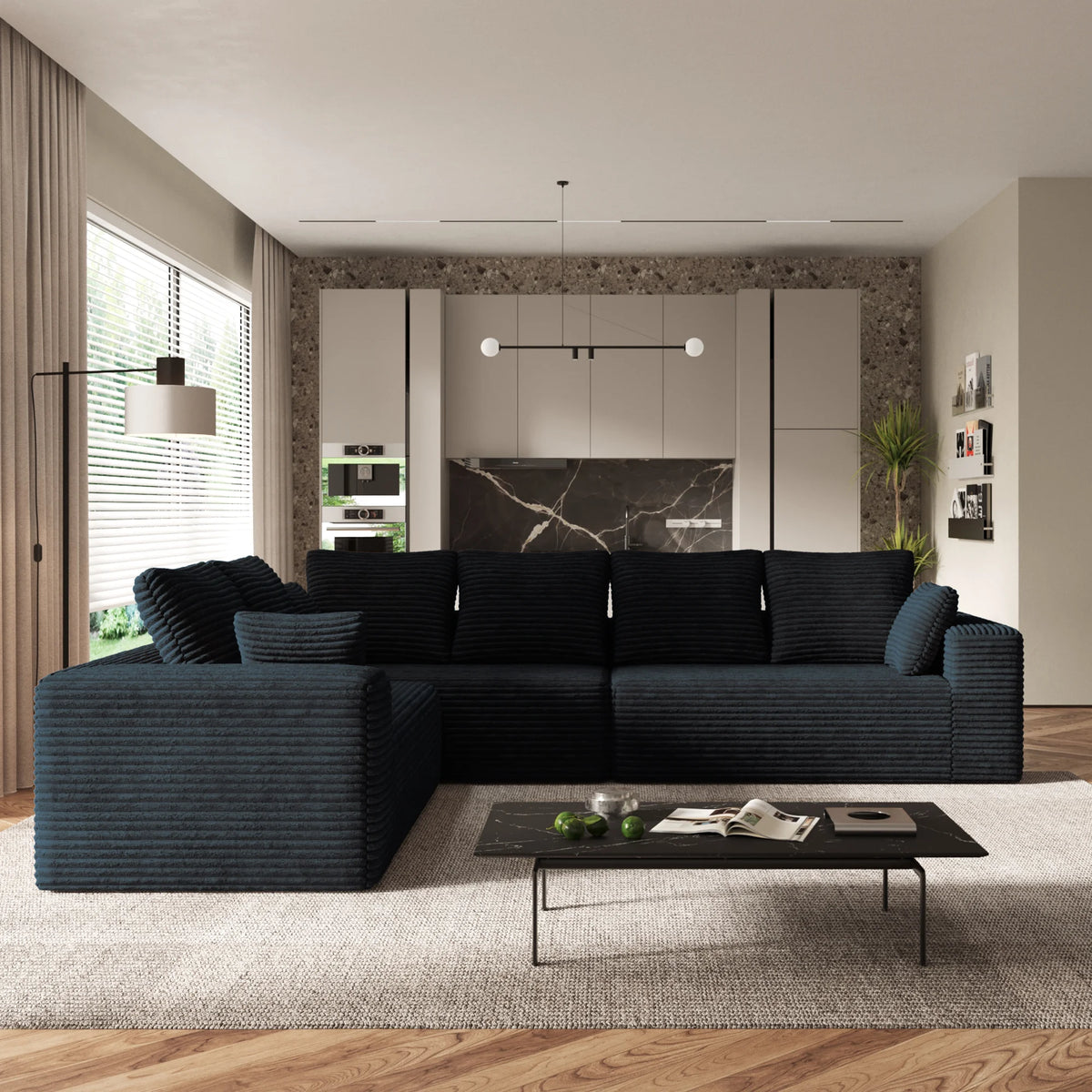 Sofás seccionales Matrix de 6 plazas en forma de L modulares negros | 3 piezas, tela de pana, espacio pequeño