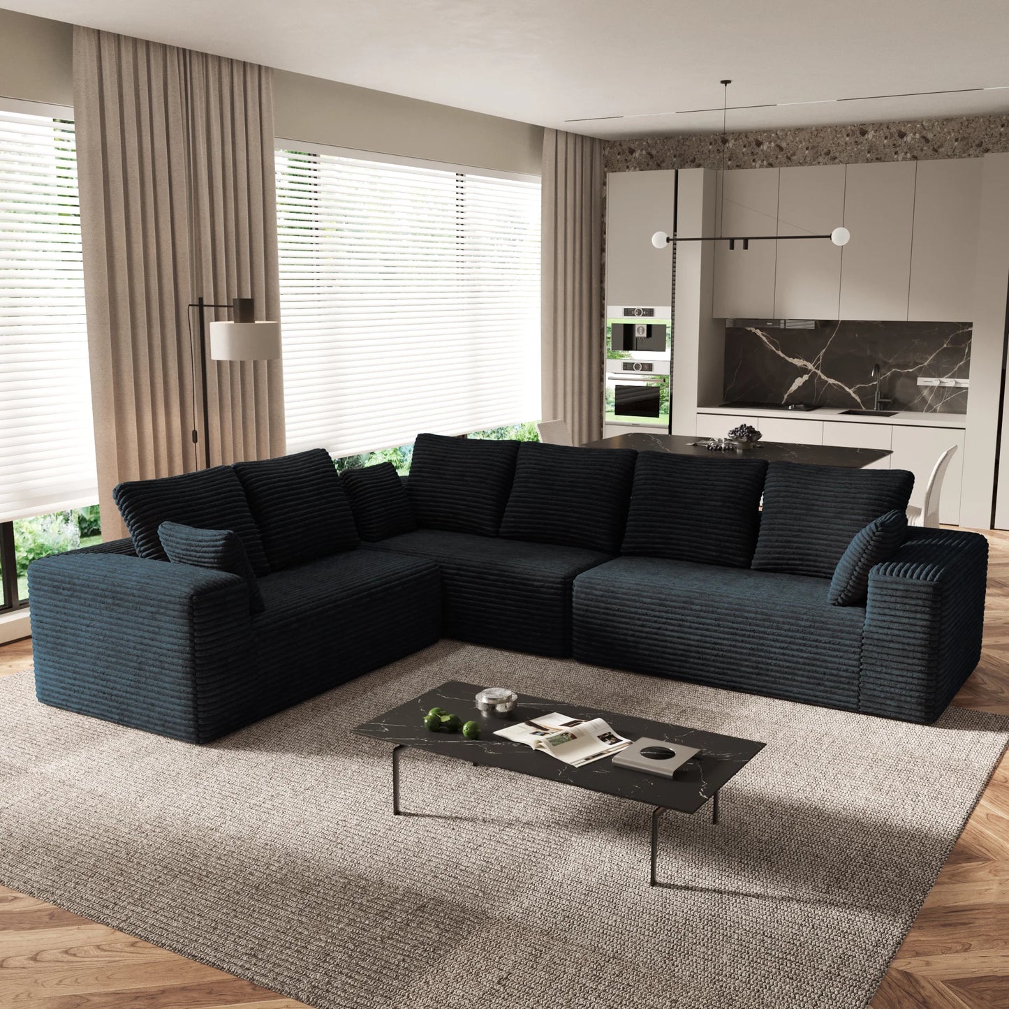 Sofás seccionales Matrix Nook | Sofás seccionales de 3 piezas en forma de L de pana negra de 3 plazas