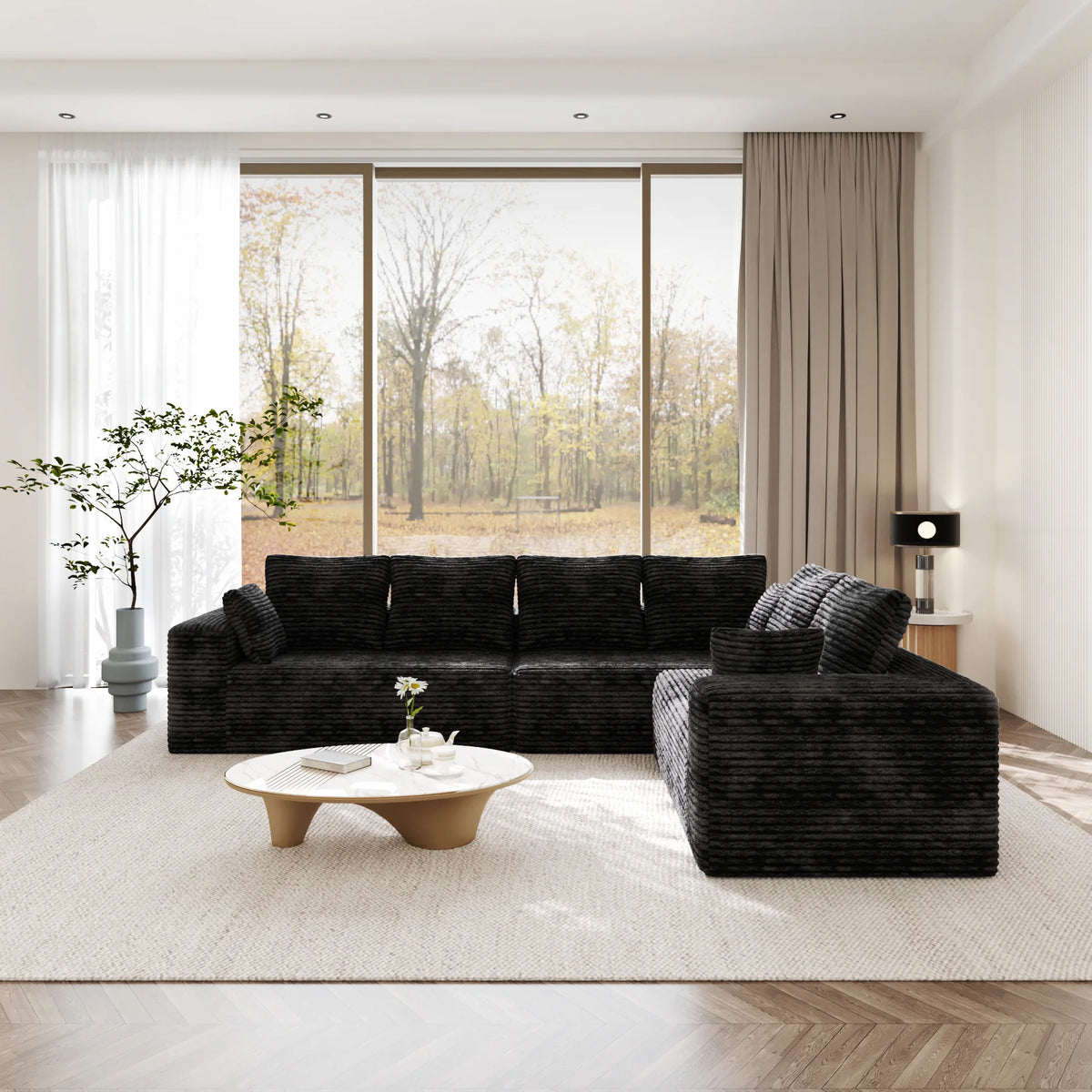 Sofá modular seccional Matrix de 6 plazas en forma de L negro | 3 piezas, tela de pana, apto para apartamentos