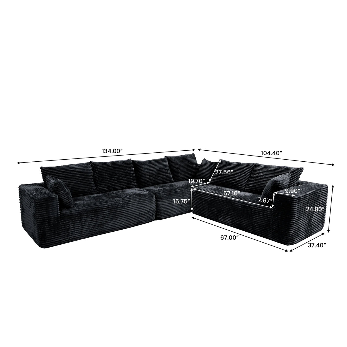 Sofá modular seccional Matrix de 6 plazas en forma de L negro | 3 piezas, tela de pana, apto para apartamentos