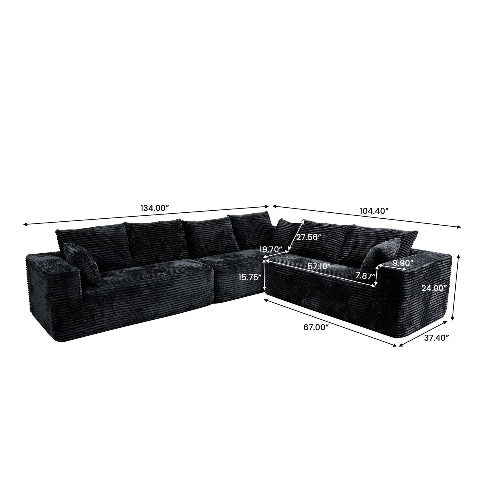 Sofá modular seccional Matrix de 6 plazas en forma de L negro | 3 piezas, tela de pana, apto para apartamentos