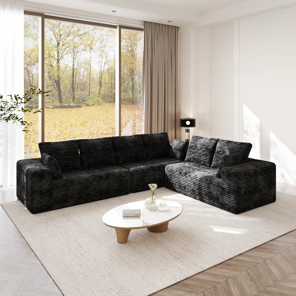 Sofá modular seccional Matrix de 6 plazas en forma de L negro | 3 piezas, tela de pana, apto para apartamentos