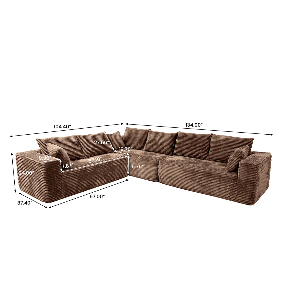 Sofás seccionales Matrix Nook | Sofás seccionales en forma de L de 3 piezas en pana marrón de 3 plazas