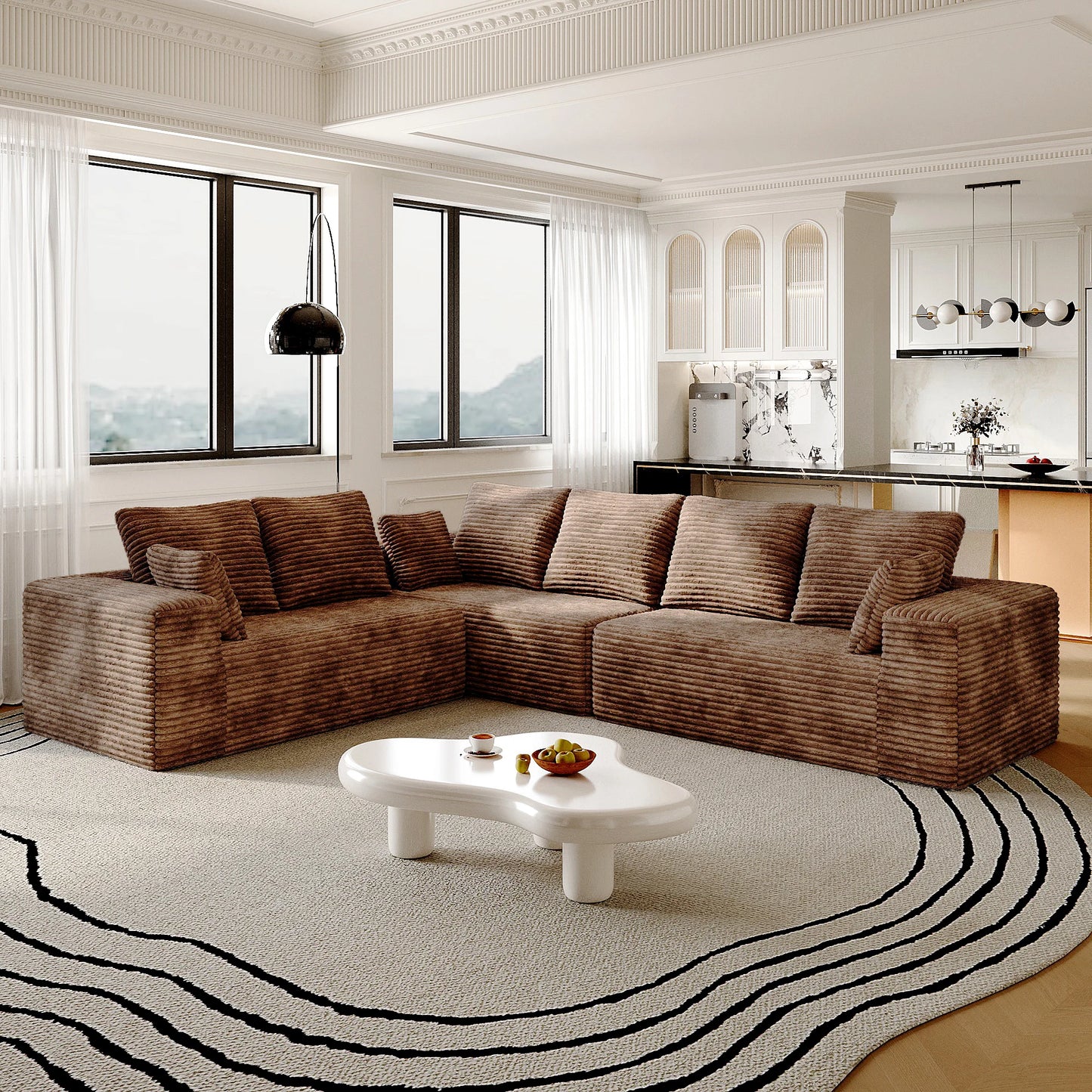 Sofás seccionales Matrix Nook | Sofás seccionales en forma de L de 3 piezas en pana marrón de 3 plazas