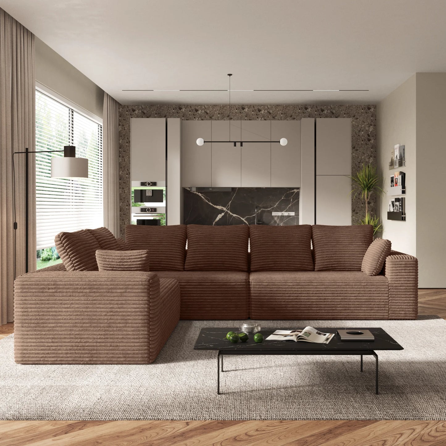 Sofás seccionales Matrix Nook | Sofás seccionales en forma de L de 3 piezas en pana marrón de 3 plazas