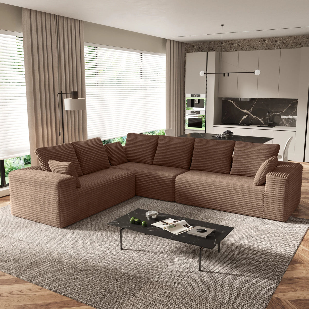 Matrix 6-Seater brown Modular L-Shaped Sectionals | 3-Piece, Corduroy Fabric, Apartment Friendly