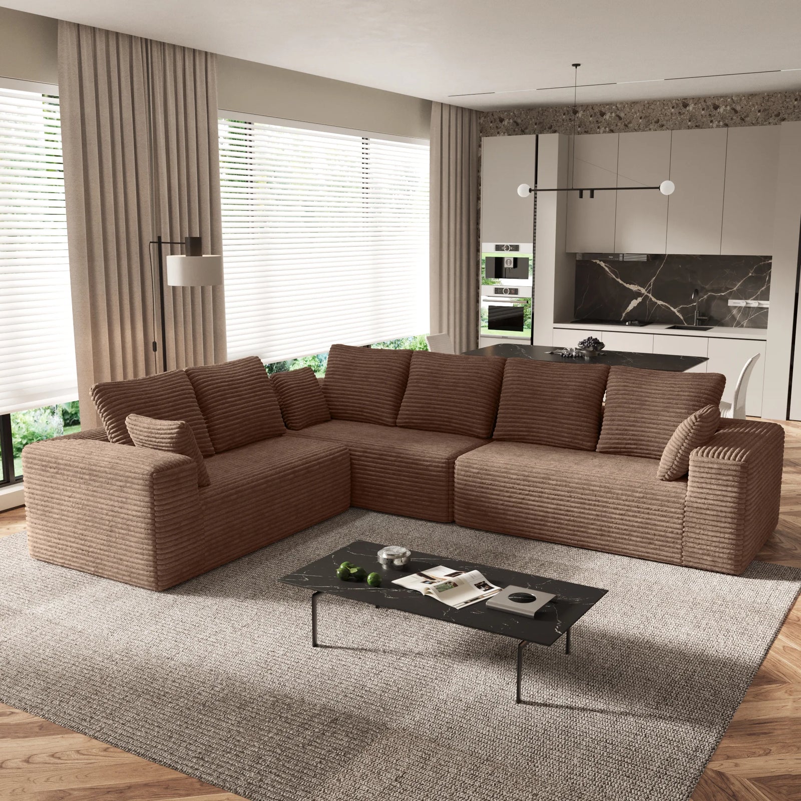 Matrix 6-Seater brown Modular L-Shaped Sectionals | 3-Piece, Corduroy Fabric, Apartment Friendly