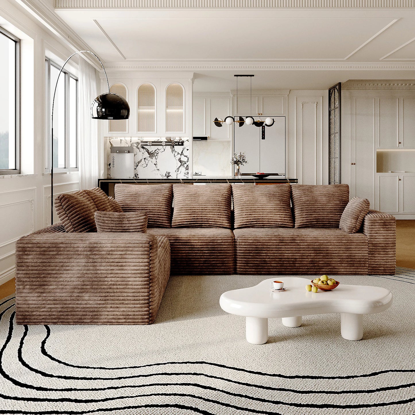 Sofás seccionales Matrix Nook | Sofás seccionales en forma de L de 3 piezas en pana marrón de 3 plazas