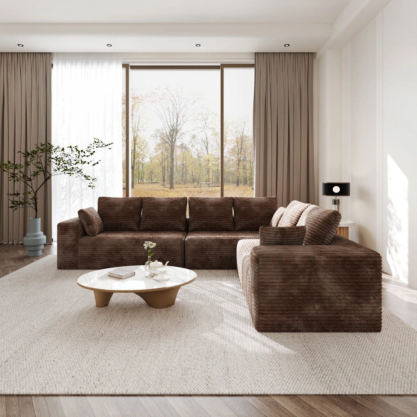 Sofás seccionales Matrix Nook | Sofás seccionales en forma de L de 3 piezas en pana marrón de 3 plazas