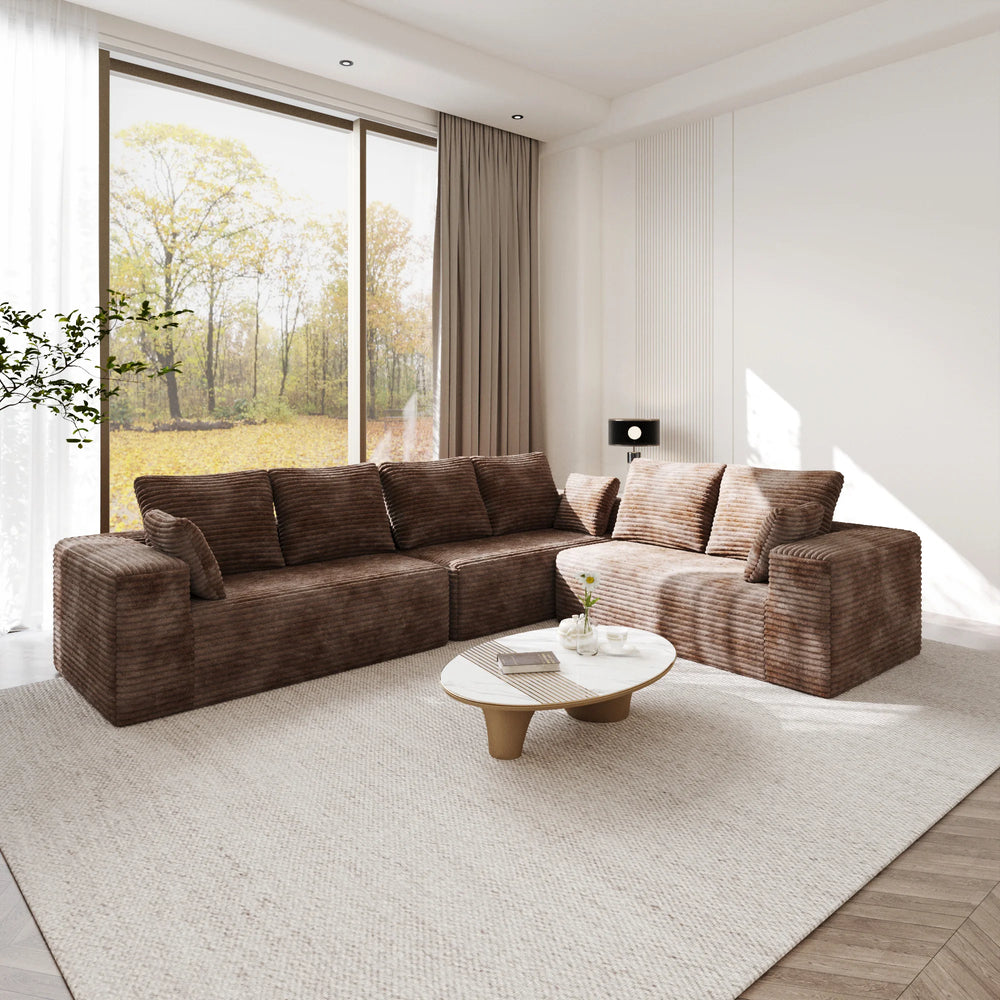 Sofás seccionales Matrix Nook | Sofás seccionales en forma de L de 3 piezas en pana marrón de 3 plazas