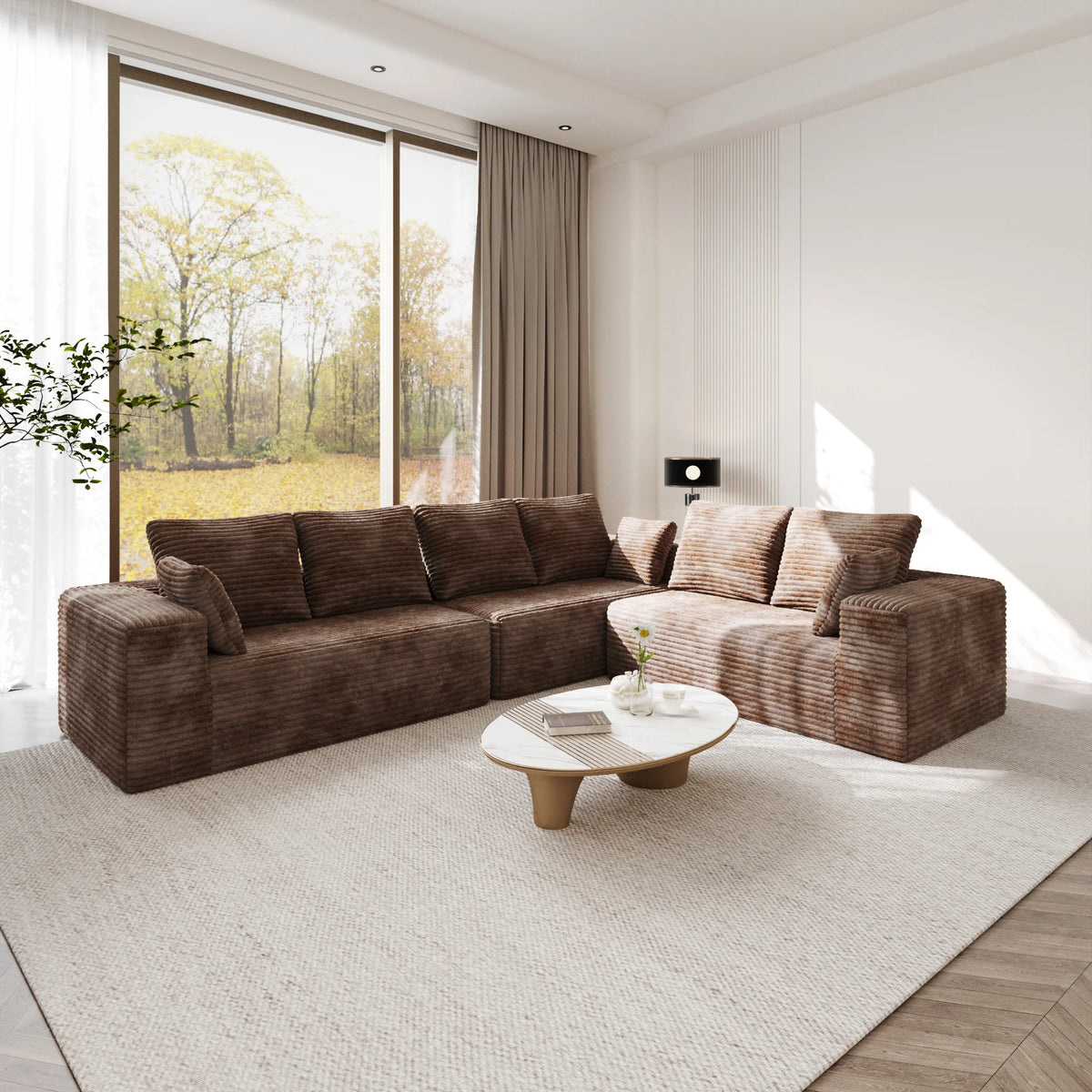 Sofá modular Matrix de 6 plazas en forma de L color marrón | 3 piezas, tela de pana, diseño compacto