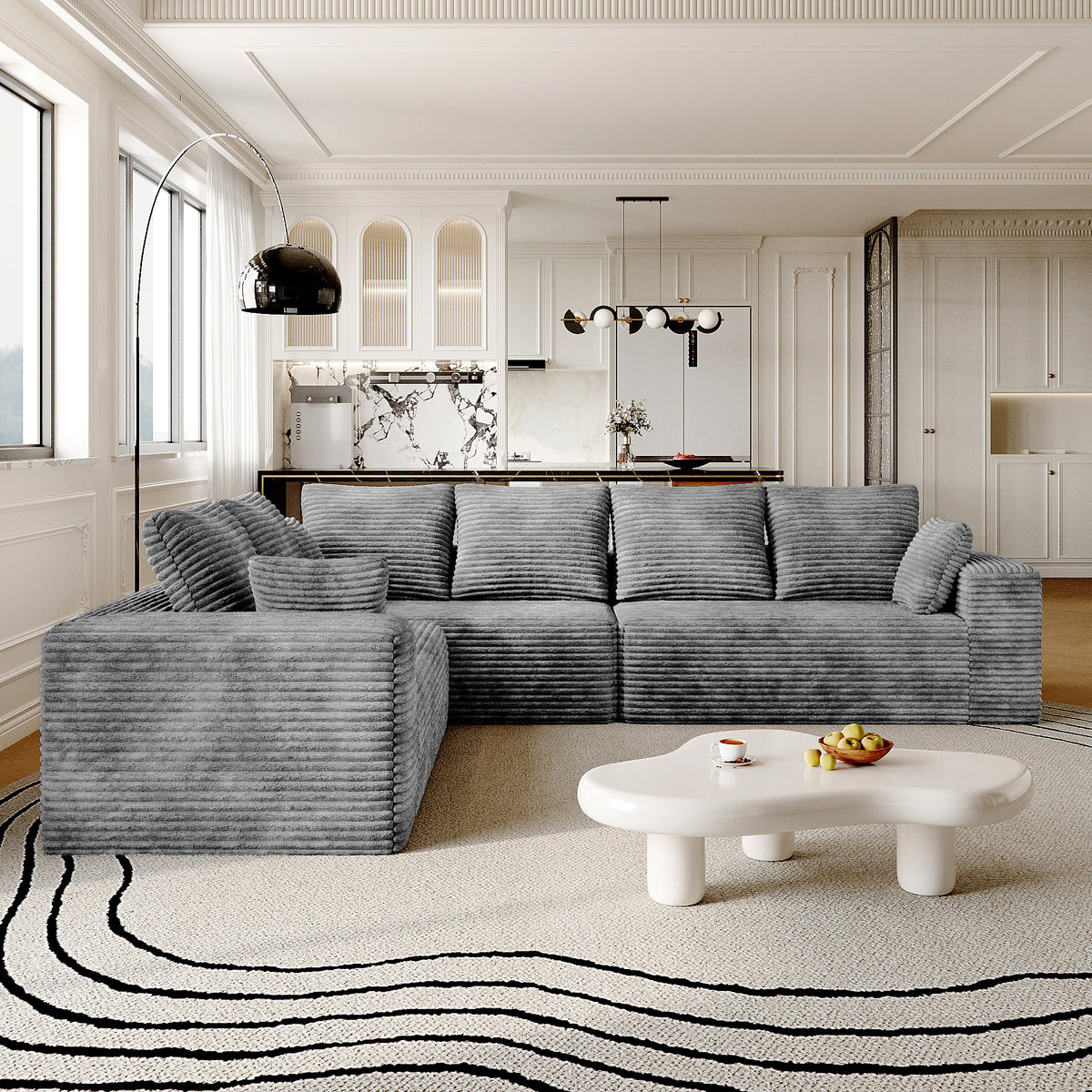 Seccionales modulares Matrix de 6 asientos en forma de L gris claro | 3 piezas, tela de pana, diseño compacto