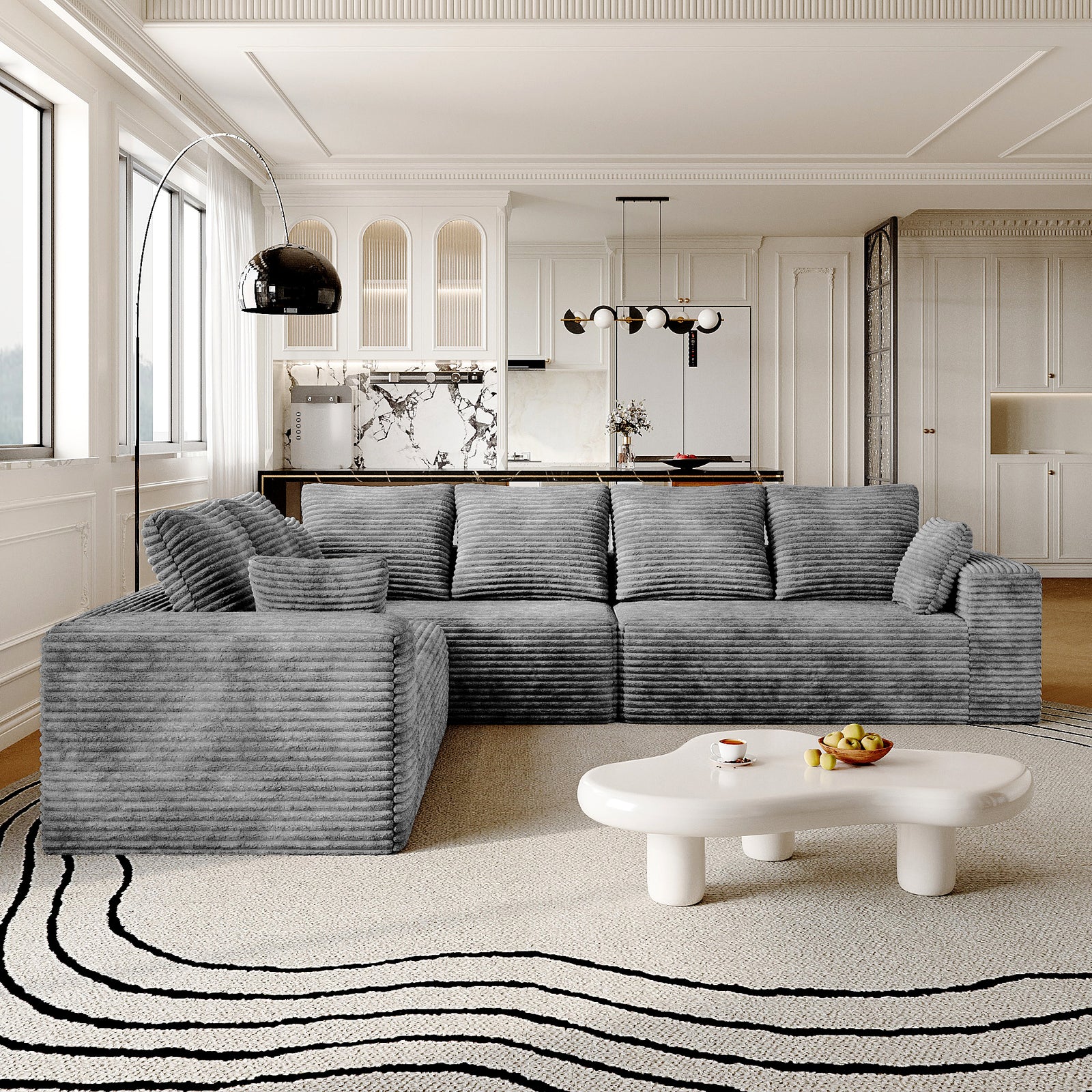 Seccionales modulares Matrix de 6 asientos en forma de L gris claro | 3 piezas, tela de pana, diseño compacto