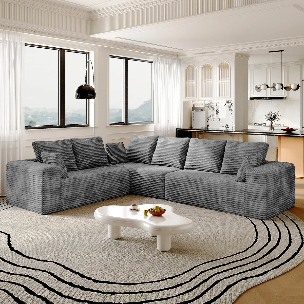 Seccionales modulares Matrix de 6 asientos en forma de L gris claro | 3 piezas, tela de pana, diseño compacto
