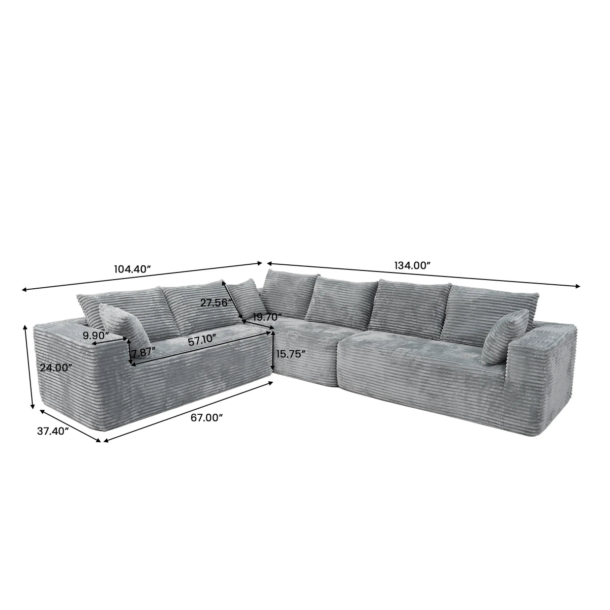 Seccionales modulares Matrix de 6 asientos en forma de L gris claro | 3 piezas, tela de pana, diseño compacto