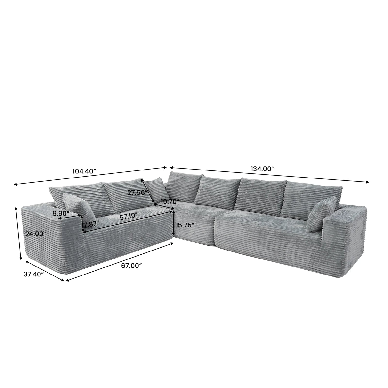 Seccionales modulares Matrix de 6 asientos en forma de L gris claro | 3 piezas, tela de pana, diseño compacto