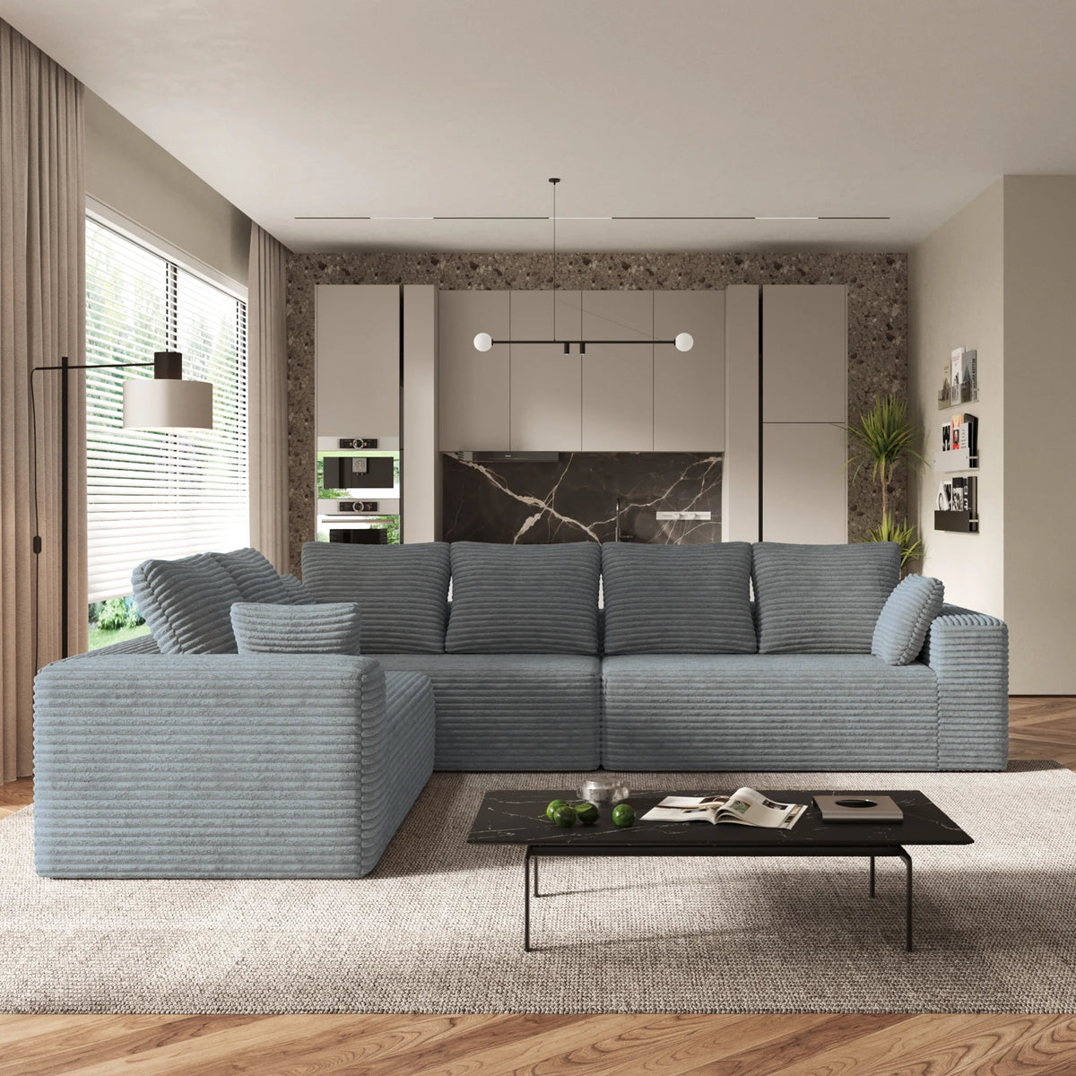 Seccionales modulares Matrix de 6 asientos en forma de L gris claro | 3 piezas, tela de pana, diseño compacto