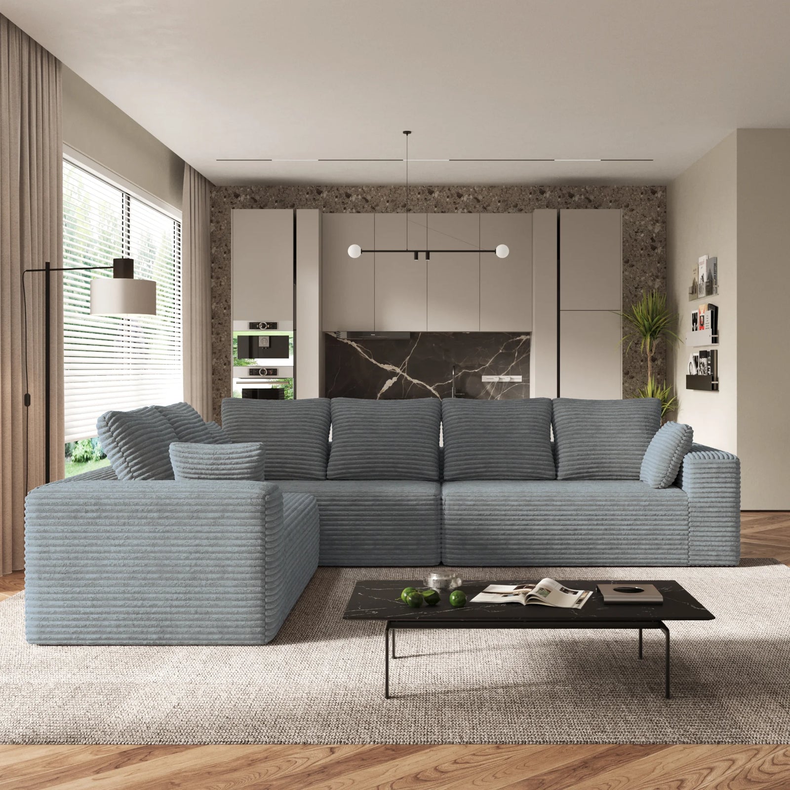 Seccionales modulares Matrix de 6 asientos en forma de L gris claro | 3 piezas, tela de pana, diseño compacto